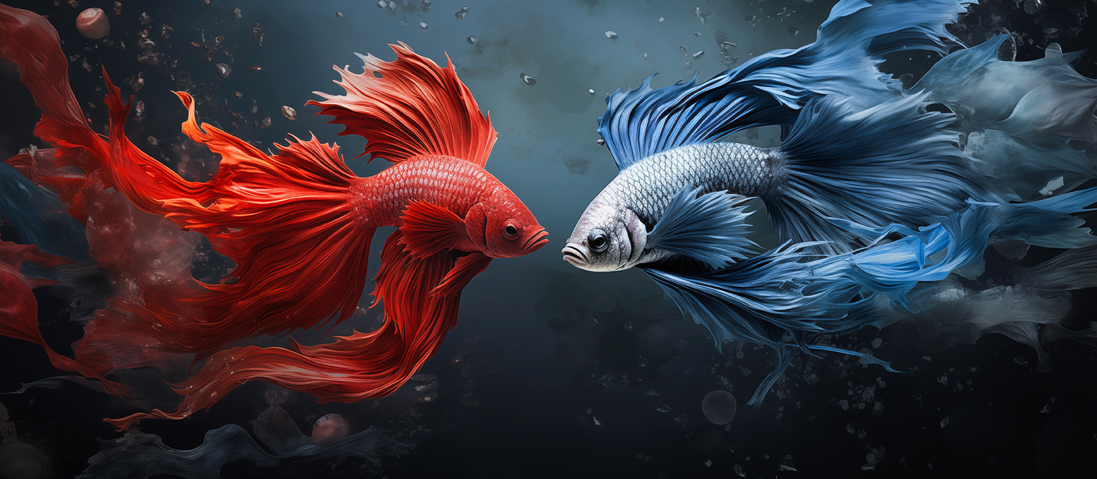 Red and blue betta fish facing off — contentionist vs harmonist